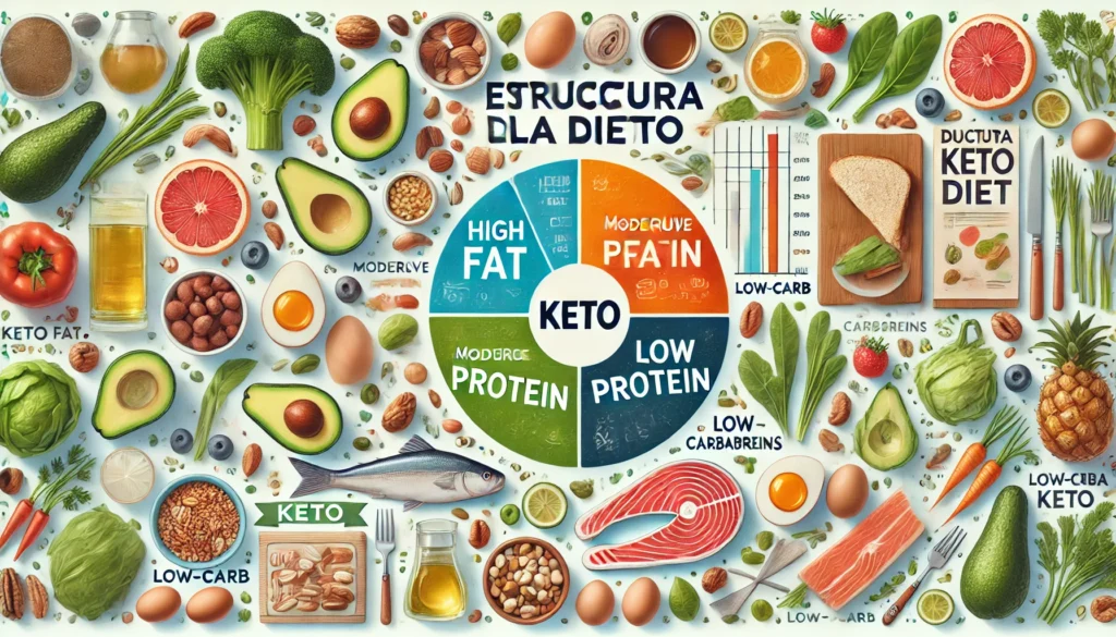 DALL·E 2024 08 06 19.28.21 A visually appealing and informative image for a blog article about the structure of the keto diet titled Estructura de la dieta keto. The image sho