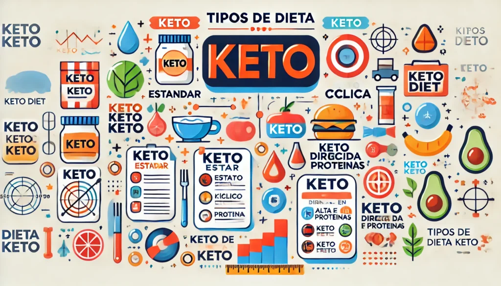 Tipos de Dietas Cetogénicas 1 DALL·E 2024 08 06 19.30.31 A visually appealing and informative image for a blog article about different types of keto diets titled Tipos de dieta keto. The image should inclu