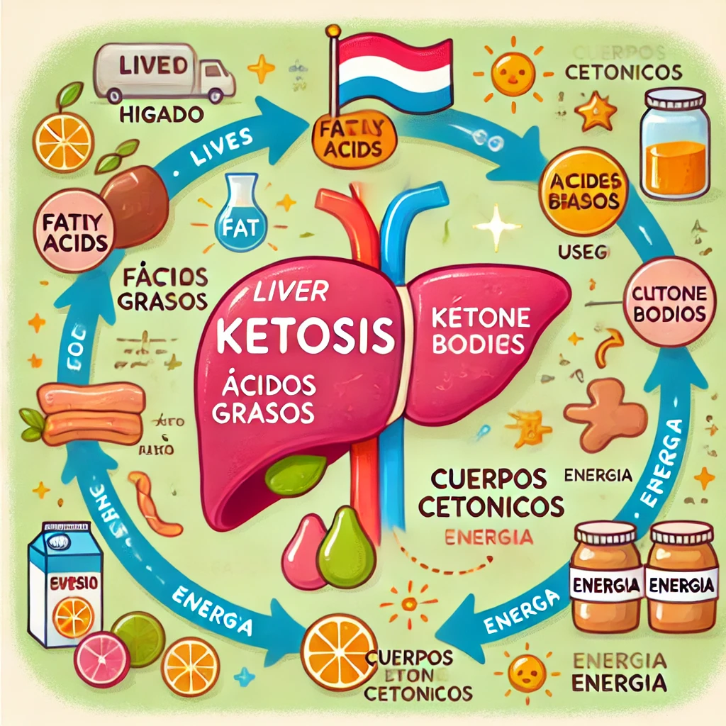 DALL·E 2024 10 06 19.03.30 Illustration of the ketosis process with labeled stages in Spanish. The image should show the liver converting fat into ketone bodies which are then